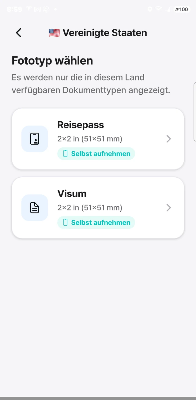 PhotoSpec-Bildschirm zur Auswahl des Fototyps
