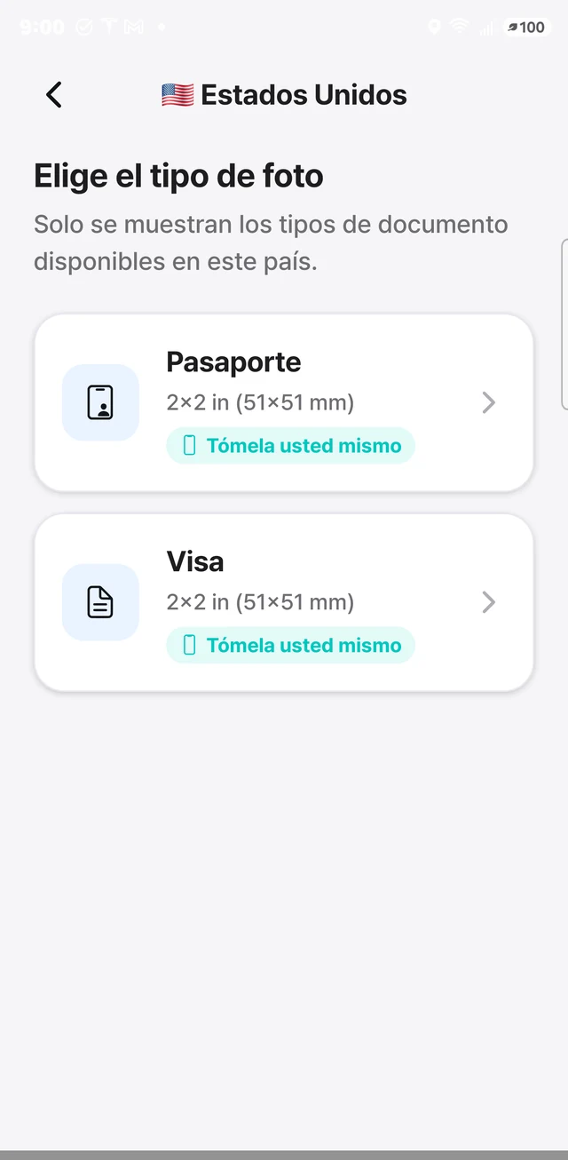 Pantalla de PhotoSpec para elegir el tipo de foto