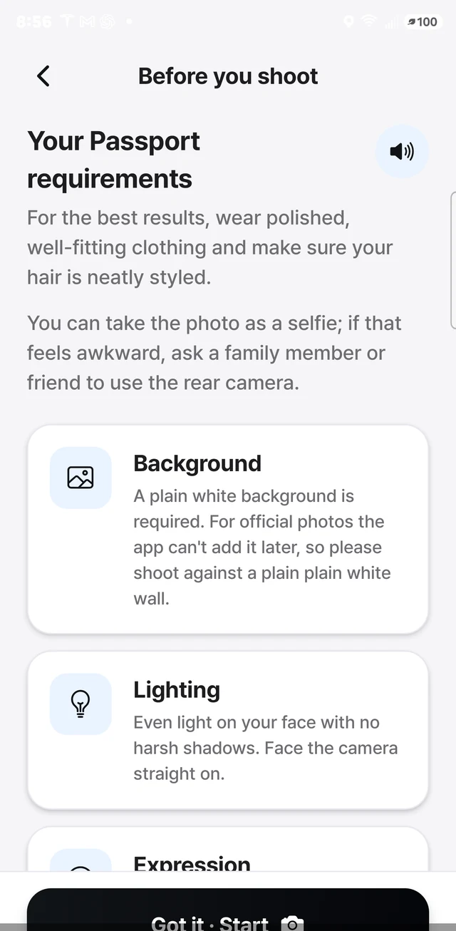 Requirements shown before shooting: background, lighting and expression