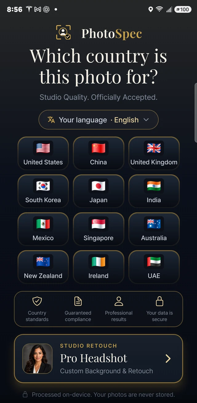 PhotoSpec home screen, choosing the country the photo is for