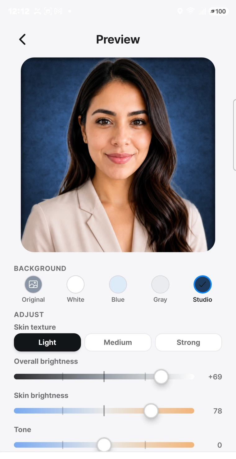 The Preview screen with the Studio background applied