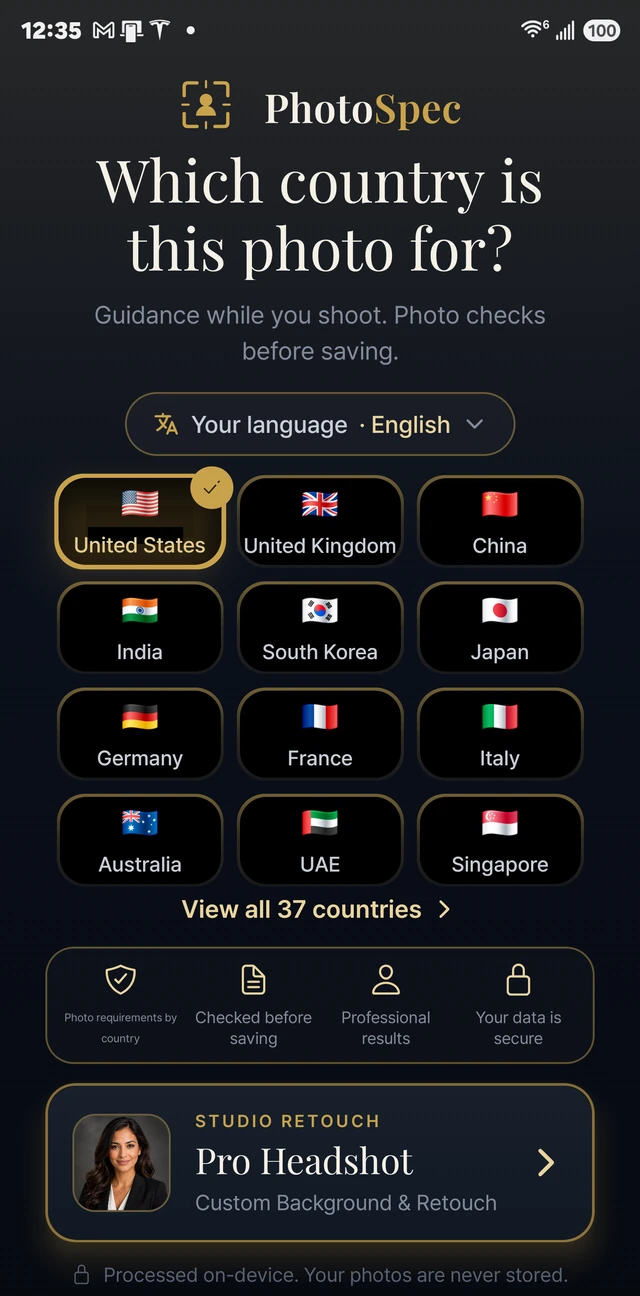 PhotoSpec home screen — choose the country the photo is for