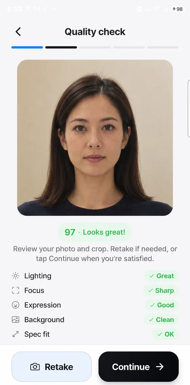 Tela de verificação de qualidade do PhotoSpec — luz, foco, expressão, fundo e formato verificados antes de salvar