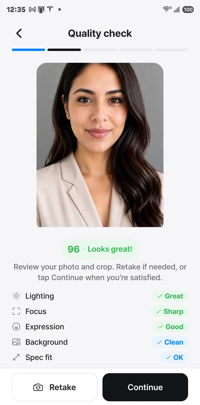 PhotoSpec quality check screen — lighting, focus, expression, background and spec fit checked before saving